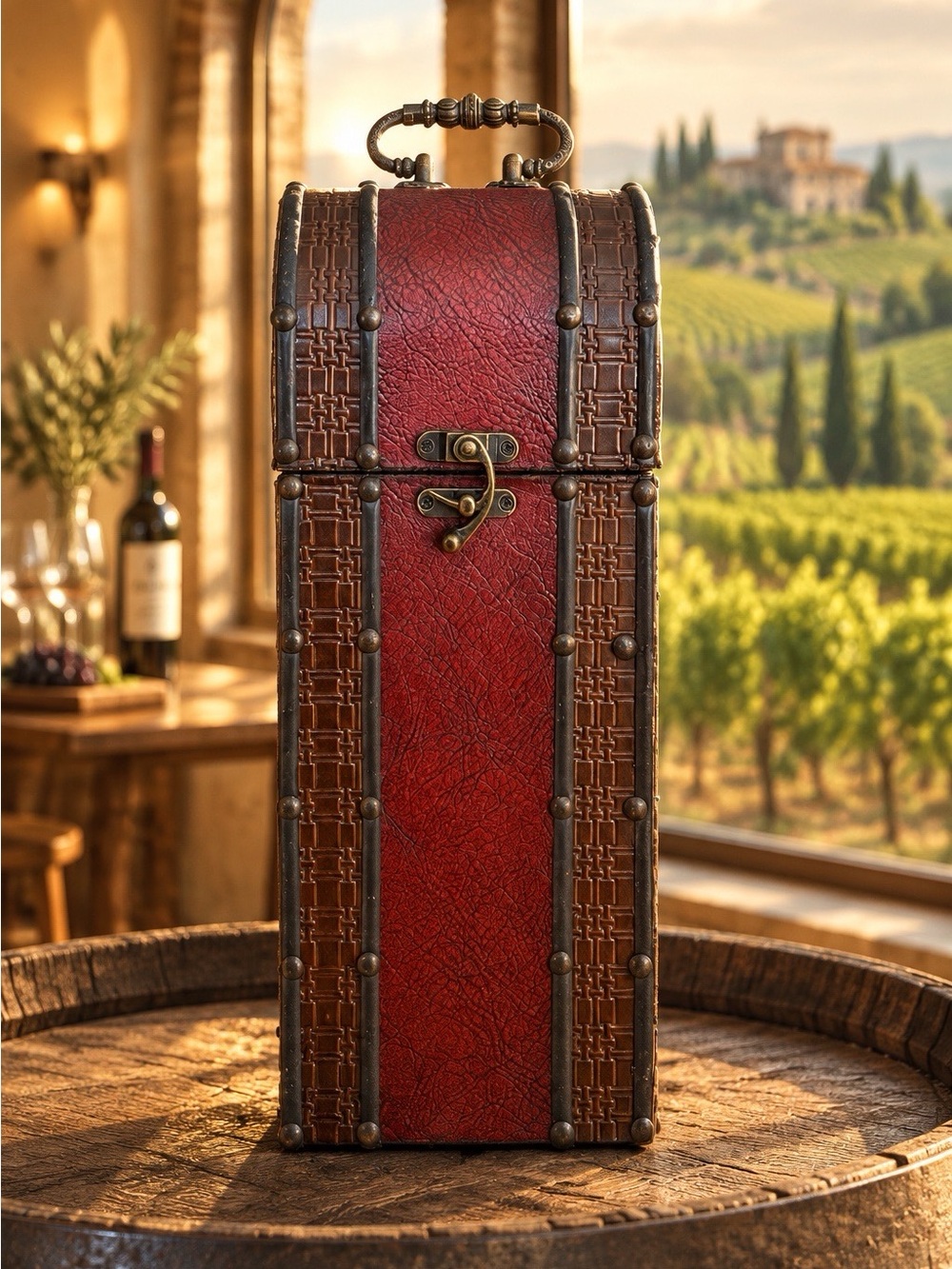 Vintage Red and Brown Leather Wine Carrier Box